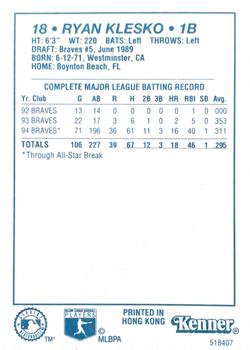 1995 Kenner Starting Lineup Cards #518407 Ryan Klesko Back
