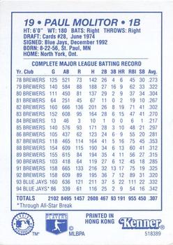 1995 Kenner Starting Lineup Cards #518389 Paul Molitor Back