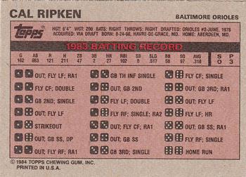 1984 Topps Milton Bradley #NNO Cal Ripken Back