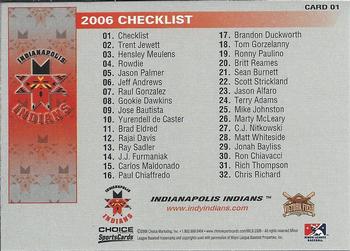 2006 Choice Indianapolis Indians #1 Cover Card Back