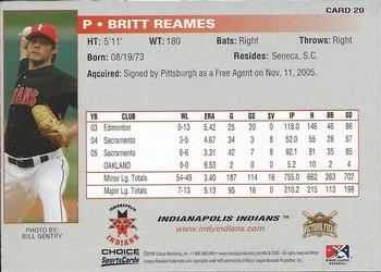 2006 Choice Indianapolis Indians #20 Britt Reames Back