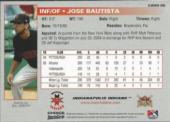 2006 Choice Indianapolis Indians #9 Jose Bautista Back
