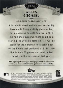 2012 Topps Tier One - On The Rise Autographs #OR-AC Allen Craig Back