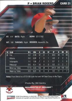 2007 Choice Indianapolis Indians #21 Brian Rogers Back