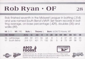1998 Multi-Ad Tucson Sidewinders #28 Rob Ryan Back