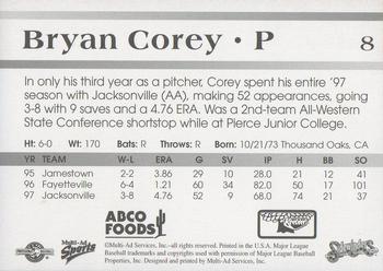 1998 Multi-Ad Tucson Sidewinders #8 Bryan Corey Back