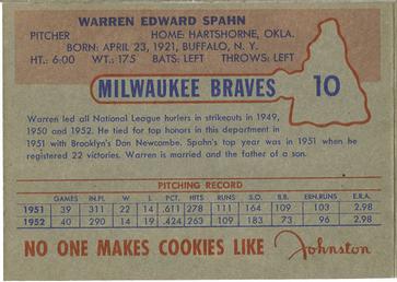 1953 Johnston Cookies Milwaukee Braves #10 Warren Spahn Back
