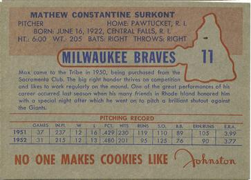 1953 Johnston Cookies Milwaukee Braves #11 Max Surkont Back
