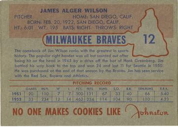 1953 Johnston Cookies Milwaukee Braves #12 Jim Wilson Back