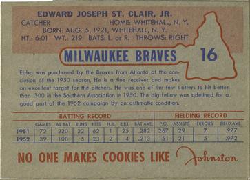 1953 Johnston Cookies Milwaukee Braves #16 Ebba St. Claire Back