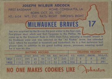 1953 Johnston Cookies Milwaukee Braves #17 Joe Adcock Back