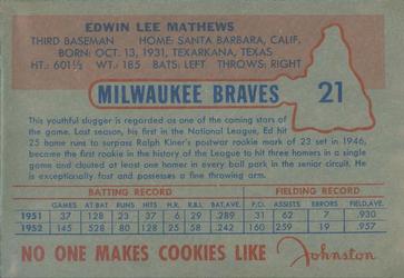 1953 Johnston Cookies Milwaukee Braves #21 Ed Mathews Back