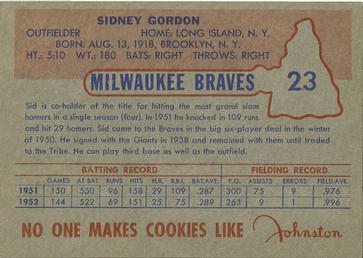 1953 Johnston Cookies Milwaukee Braves #23 Sid Gordon Back