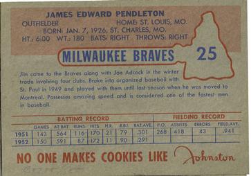 1953 Johnston Cookies Milwaukee Braves #25 Jim Pendleton Back