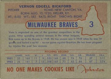 1953 Johnston Cookies Milwaukee Braves #3 Vern Bickford Back