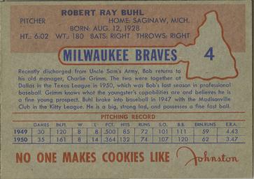 1953 Johnston Cookies Milwaukee Braves #4 Bob Buhl Back