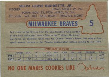1953 Johnston Cookies Milwaukee Braves #5 Lew Burdette Back