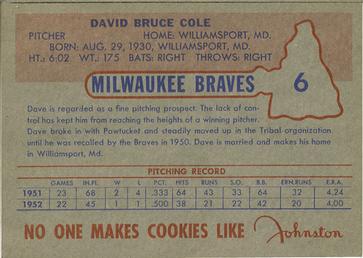 1953 Johnston Cookies Milwaukee Braves #6 Dave Cole Back