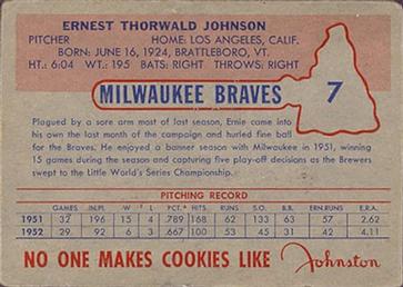 1953 Johnston Cookies Milwaukee Braves #7 Ernie Johnson Back
