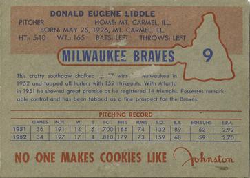 1953 Johnston Cookies Milwaukee Braves #9 Don Liddle Back