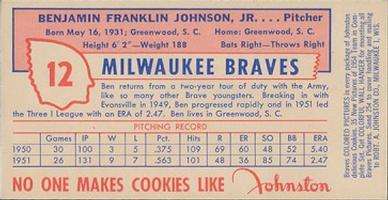 1954 Johnston Cookies Milwaukee Braves #NNO Ben Johnson Back