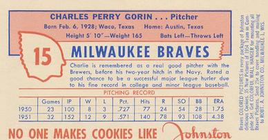 1954 Johnston Cookies Milwaukee Braves #NNO Charles Gorin Back