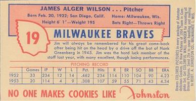 1954 Johnston Cookies Milwaukee Braves #NNO Jim Wilson Back