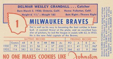 1954 Johnston Cookies Milwaukee Braves #NNO Del Crandall Back