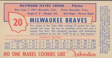 1954 Johnston Cookies Milwaukee Braves #NNO Ray Crone Back