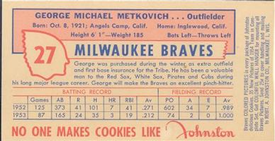 1954 Johnston Cookies Milwaukee Braves #NNO George Metkovich Back