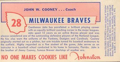 1954 Johnston Cookies Milwaukee Braves #NNO John Cooney Back