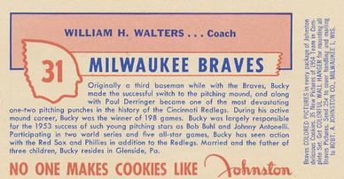 1954 Johnston Cookies Milwaukee Braves #NNO William Walters Back