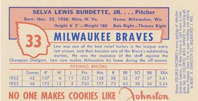 1954 Johnston Cookies Milwaukee Braves #NNO Lew Burdette Back