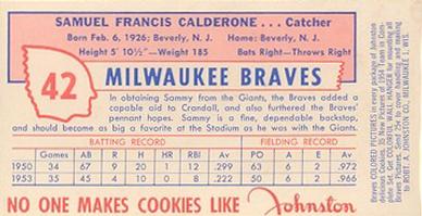 1954 Johnston Cookies Milwaukee Braves #NNO Sam Calderone Back