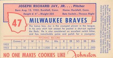 1954 Johnston Cookies Milwaukee Braves #NNO Joey Jay Back