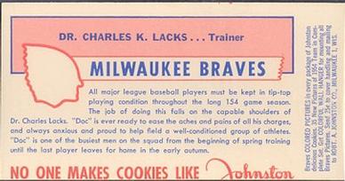 1954 Johnston Cookies Milwaukee Braves #NNO Dr. Charles Lacks Back