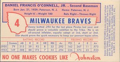 1954 Johnston Cookies Milwaukee Braves #NNO Danny O'Connell Back