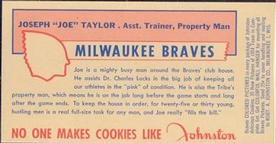 1954 Johnston Cookies Milwaukee Braves #NNO Joseph F. Taylor Back