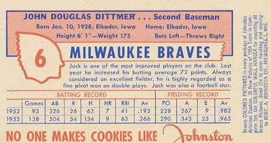 1954 Johnston Cookies Milwaukee Braves #NNO Jack Dittmer Back