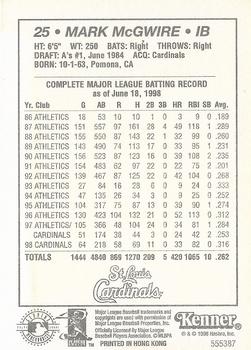 1999 Kenner Starting Lineup Cards #555387 Mark McGwire Back
