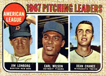 1968 Topps #10 American League 1967 Pitching Leaders (Jim Lonborg / Earl Wilson / Dean Chance) Front