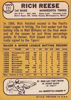 1968 Topps #111 Rich Reese Back