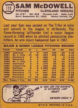 1968 Topps #115 Sam McDowell Back