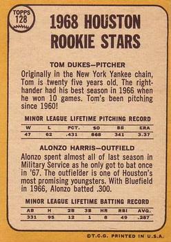 1968 Topps #128 Houston 1968 Rookie Stars (Tom Dukes / Alonzo Harris) Back