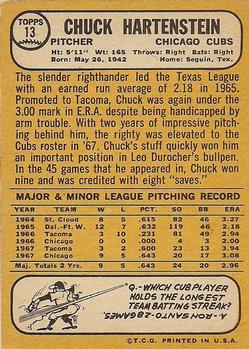 1968 Topps #13 Chuck Hartenstein Back