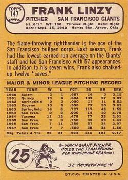 1968 Topps #147 Frank Linzy Back