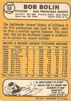 1968 Topps #169 Bob Bolin Back