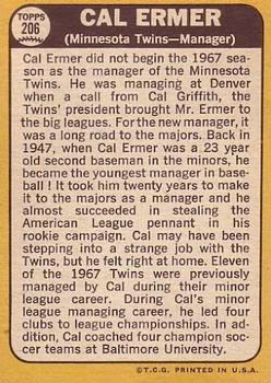1968 Topps #206 Cal Ermer Back