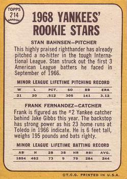1968 Topps #214 Yankees 1968 Rookie Stars (Stan Bahnsen / Frank Fernandez) Back