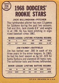 1968 Topps #228 Dodgers 1968 Rookie Stars (Jack Billingham / Jim Fairey) Back